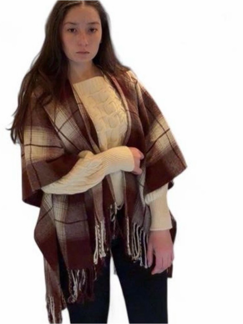 Hollister Burgundy and Cream Plaid Poncho + FREE Squishy Cube